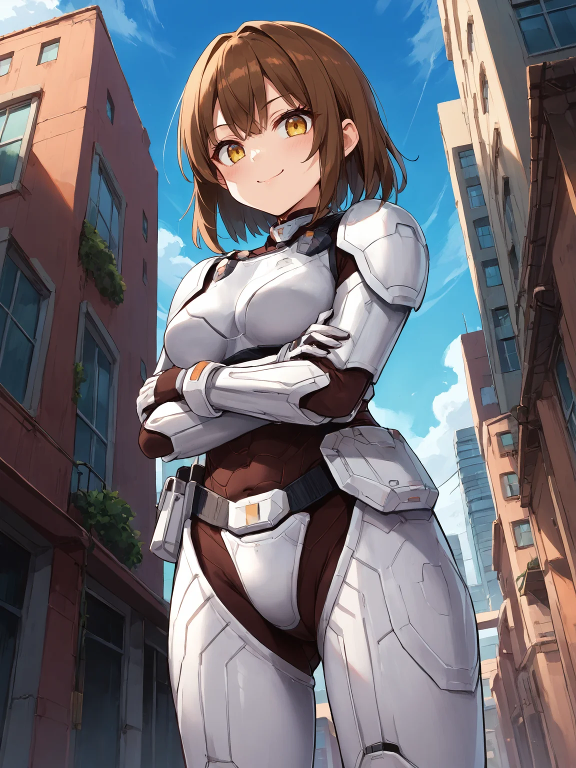 score_9, score_8_up, score_7_up, <lora:offset_0.2:0.1>, <lora:spo_sdxl_10ep_4k-data_lora_webui:1>, BREAK,
1girl, solo, source_anime, BREAK,
terraformarsmoviebodysuit, armored bodysuit, black bodysuit, white armor, boobplate, shoulder pads, wrist guards, black gloves, white gloves, utility belt, belt pouch, hip armor, crotch plate, thigh armor, <lora:Terraformars:1>, BREAK,
brown hair, choppy bangs, medium hair, yellow eyes, smile, blush, looking at viewer, BREAK,
medium breasts, crossed arms, ass visible through thighs, BREAK,
cowboy shot, from below, outdoors, city, skyline, blue sky