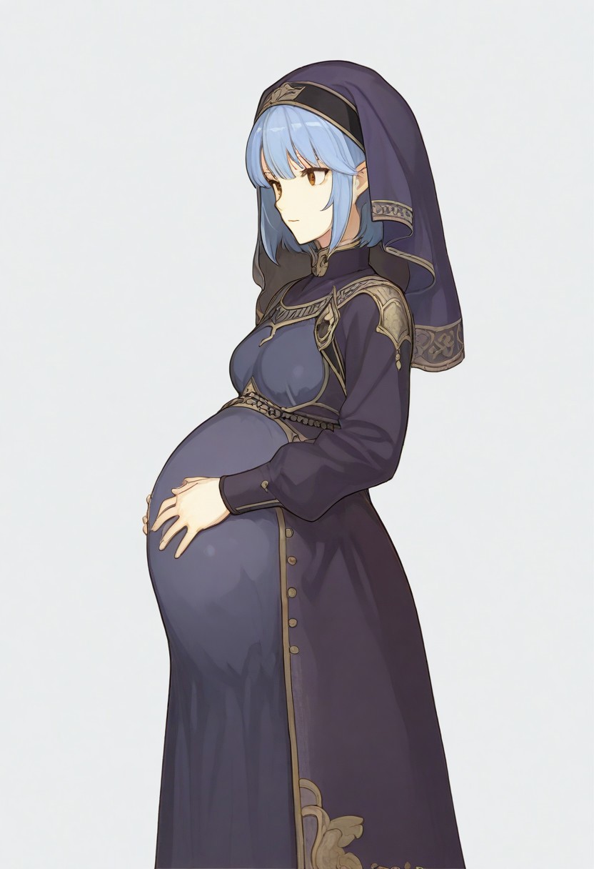 score_9, score_8_up, score_7_up, detailed, 
, clothed, pregnant, 
<lora:FE_Echoes_Shadows_of_Valentia_-_ArtStyle:1>, FE-Sh4d0ws, 1girl, solo, looking at viewer, short hair, simple background, long sleeves, white background, dress, brown eyes, blue hair, standing, , , , veil, masterpiece, best quality, amazing quality, masterwork, cinematic light, harsh shadows, light and shadows, perfect composition, sidelocks,