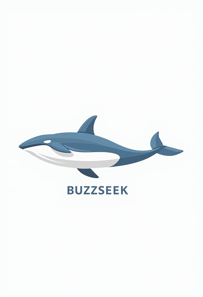 vector art logo of a blue killer whale in minimalist style in  plain white background. business style word "BUZZSEEK".