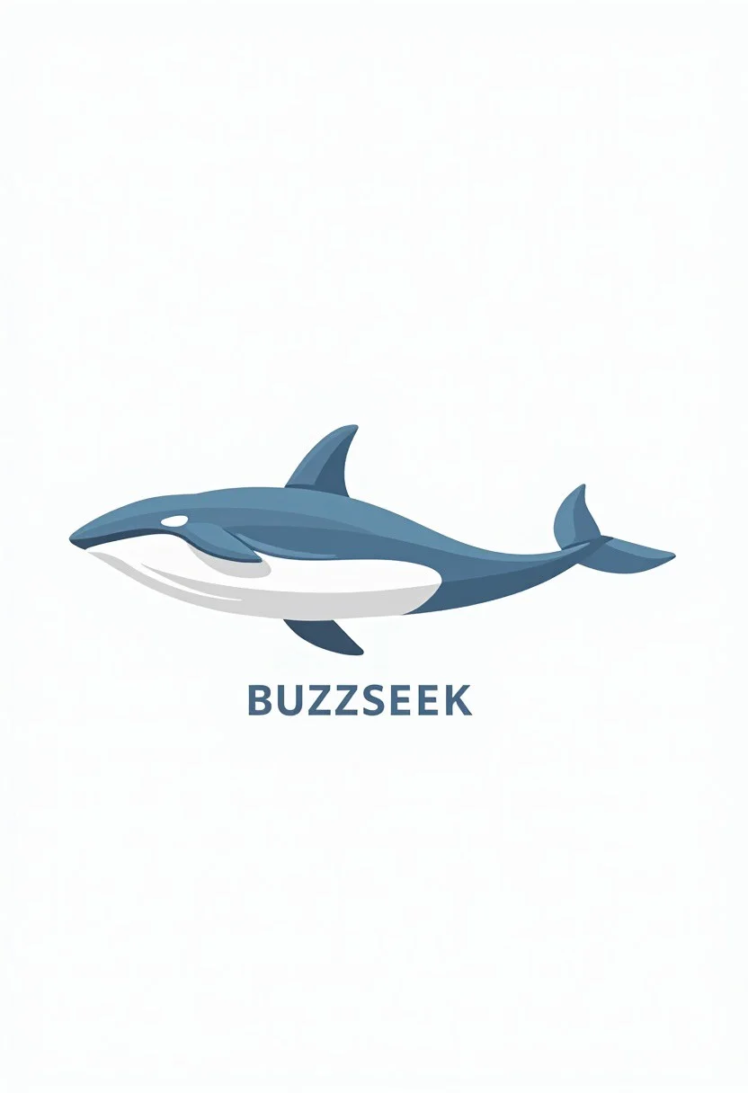 vector art logo of a blue killer whale in minimalist style in  plain white background. business style word "BUZZSEEK".