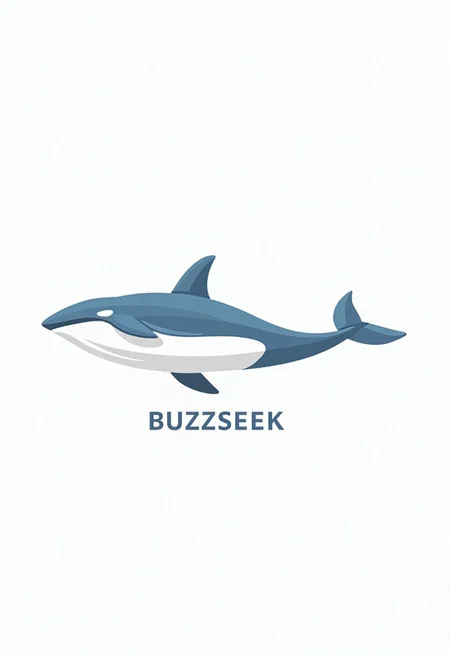 vector art logo of a blue killer whale in minimalist style in  plain white background. business style word "BUZZSEEK".