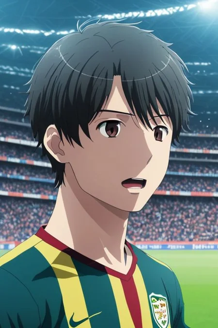 high resolution, solo, best quality, 1Boy, Inaho Kaizuka, Black Hair, soccer player, field, portrait, sport photography, celebration, OverallDetail