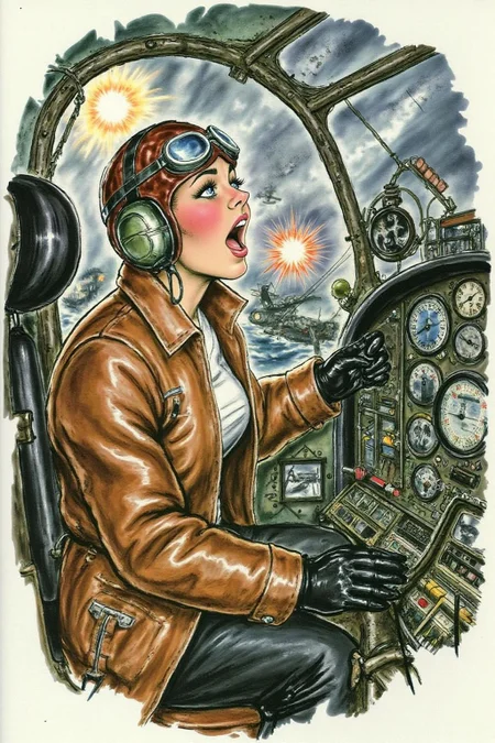 d0sn Illustration. A female pilot screaming inside the cockpit of a WWII bomber. The pilot, wearing a vintage leather flight helmet with goggles and a brown bomber jacket, grips the controls with white-knuckled hands. Her face is contorted in a mix of fear and determination as she yells, her eyes wide with adrenaline. The cockpit is cramped and filled with old-fashioned dials and gauges, with the outside view showing dark stormy clouds and distant anti-aircraft fire. The scene is lit by the eerie glow of the instrument panel, casting harsh shadows across her face, emphasizing the intensity and danger of the moment. High contrast, dynamic composition, gritty and realistic, with a cinematic feel. <lora:d0sn_illus1_fl_d6a3:1.0><lora:803604491787109271:0>