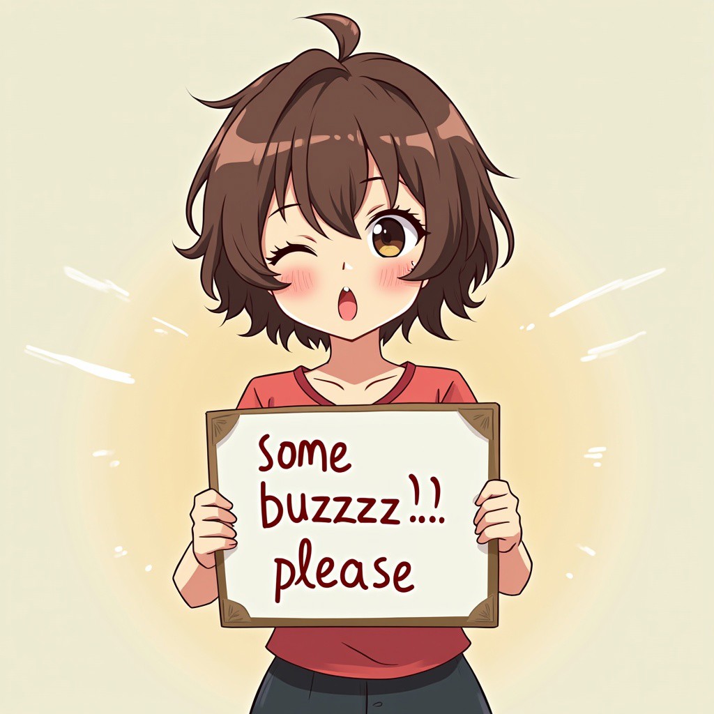 cute woman holding a sign "some buzzzzz please",anime style