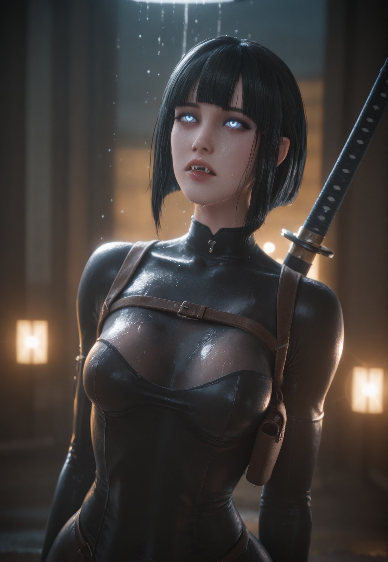mature female, (milf), 1girl, (adult), ((vampire)), ((fangs)), full lips, parted_lips, medium_hair, inverted_bob, curtain_bangs, (black_hair), forehead, (light-blue_eyes), glowing_eyes, black_bodysuit, (leather shoulder_holster), small_breasts, pointy_breasts, (fully_clothed), cinematic, disdain, katana, weapon_on_back, wet skin, wet hair, raindrops, large_hips, upper_body, moonlight, night time, raining, outdoors, cityscape, dramatic_lighting, dim_lighting, low-key_lighting, raindrops, natural_lighting, looking up, framevault, subsurface scattering, light particles, depth of field, dramatic lighting, photorealistic, blurry background, film_grain, ambient lighting, bokeh, cinematic angle, masterpiece, best quality, incredibly absurdres, very aesthetic, 4k, absurdres, newest, latest, video, animated, realistic, 3d, crdhrs2