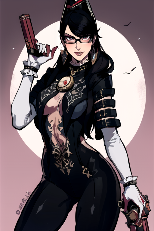 <lora:bayonetta:0.8>, bayonetta2,1girl,solo,long hair,breasts,looking at viewer,smile,black hair,gloves,holding,jewelry,weapon,earrings,glasses,elbow gloves,mole,lips,gun,bodysuit,makeup,lipstick,mole under mouth,handgun,eyeshadow,amulet,