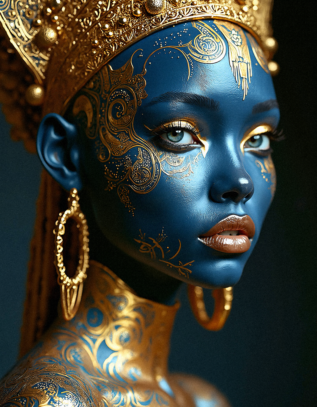 Visualize a photorealistic portrait of a woman with a deep blue complexion, adorned with golden tribal patterns that wrap around her face, neck, and shoulders. These patterns are meticulously detailed, with swirls, dots, and lines that accentuate her features and evoke a sense of ancient ceremonial art. Her lips are a rich metallic color that complements the golden motifs on her skin. She wears an opulent headdress with small golden ornaments that dangle around her face, and her large gold hoop earrings add balance to her ensemble. Her eyes are highlighted with gold eye shadow, and her lashes are long and curled, enhancing her mystical appearance. The lighting is soft but focused, highlighting the golden textures and lending a photorealistic quality to the blue of her skin. This image captures a fusion of cultural heritage and futuristic style, creating a timeless, ethereal beauty.

Visual Aesthetics for Enhanced Photorealism:
Highly reflective metallic gold textures.
