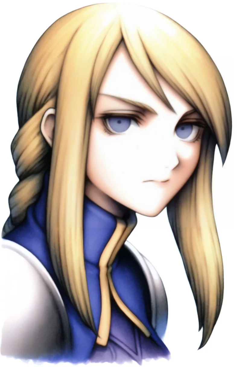 masterpiece, best quality, solo, 1girl, looking at viewer, <lora:FF7-Portraits-illus_Fp:1>, simple background, portrait, white background, agrias oaks, blonde hair, braided ponytail, shoulder armor, armor, corset,