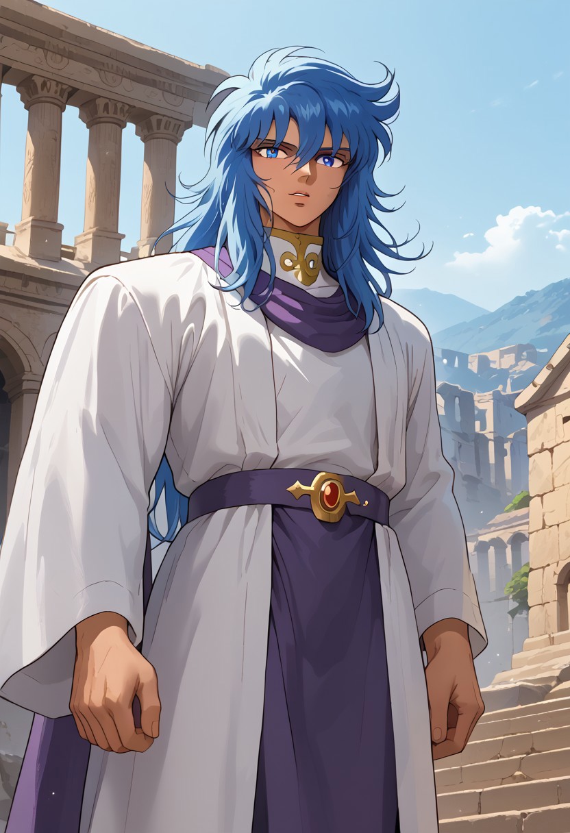 score_9, score_8_up, score_8, score_9, masterpiece, ultra high quality, hd render, male focus, 1boy, solo, JulianSolo, blue hair, very long wavy hair, blue eyes, bangs, hair between eyes, light skin, young man, parted lips, hair between eyes, white robe with purple details, belt,
handsome boy, narrow features, standing, dynamic pose, dynamic shot, looking at viewer, ancient greek ruins scenery, greek styl,  hd render, high quality, retro artstyle, 1990s_(style), 1980s_(style),