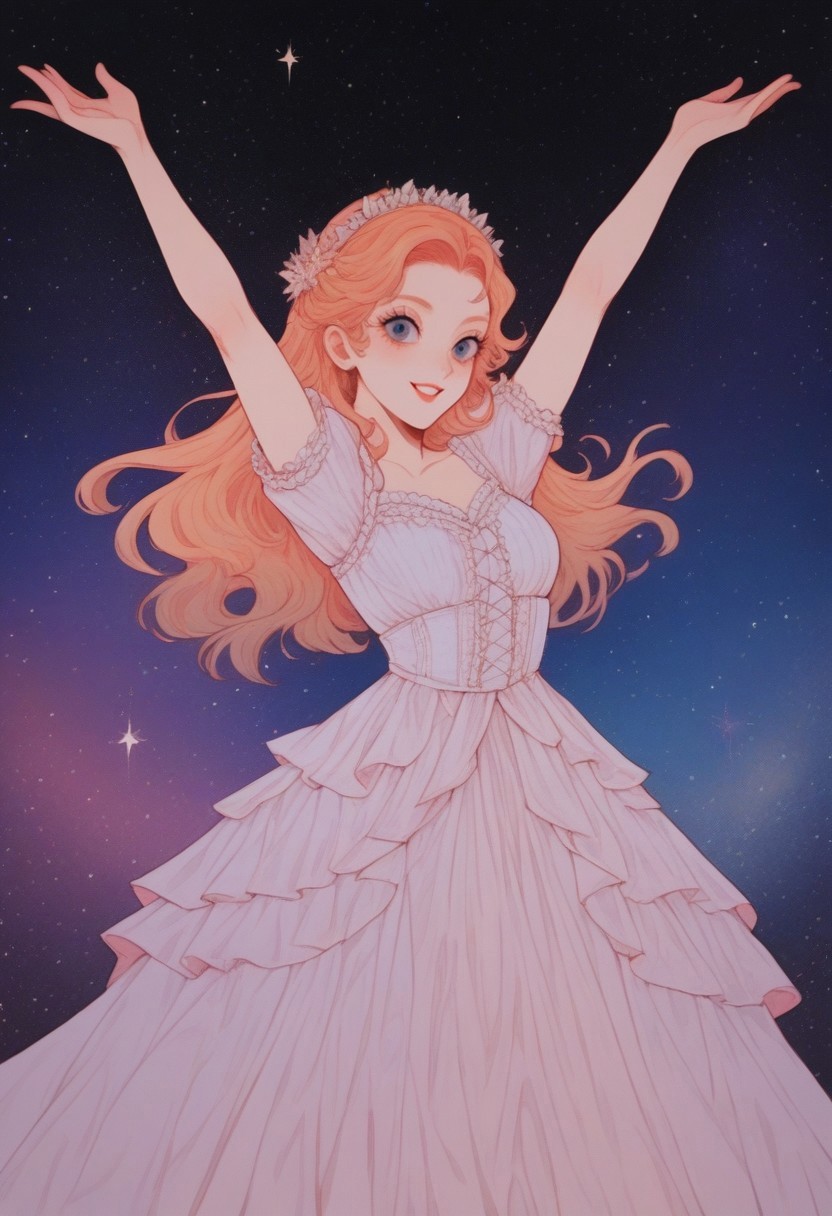 score_9, score_8_up, score_7_up,
masterpiece, best quality, detailed, amazing quality,
detailed background, night, stars, galaxy,
detailed eyes, clean eyes, 
dynamic pose,
solo, 1woman,
easynegative,
dancing, happy, cute dress, frilly dress