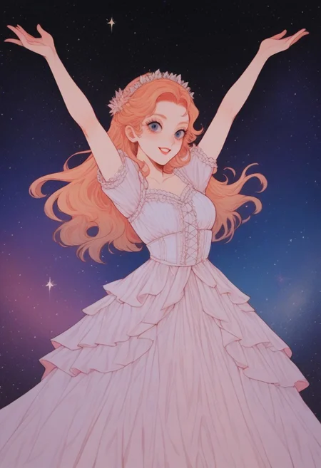 score_9, score_8_up, score_7_up,
masterpiece, best quality, detailed, amazing quality,
detailed background, night, stars, galaxy,
detailed eyes, clean eyes,
dynamic pose,
solo, 1woman,
easynegative,
dancing, happy, cute dress, frilly dress