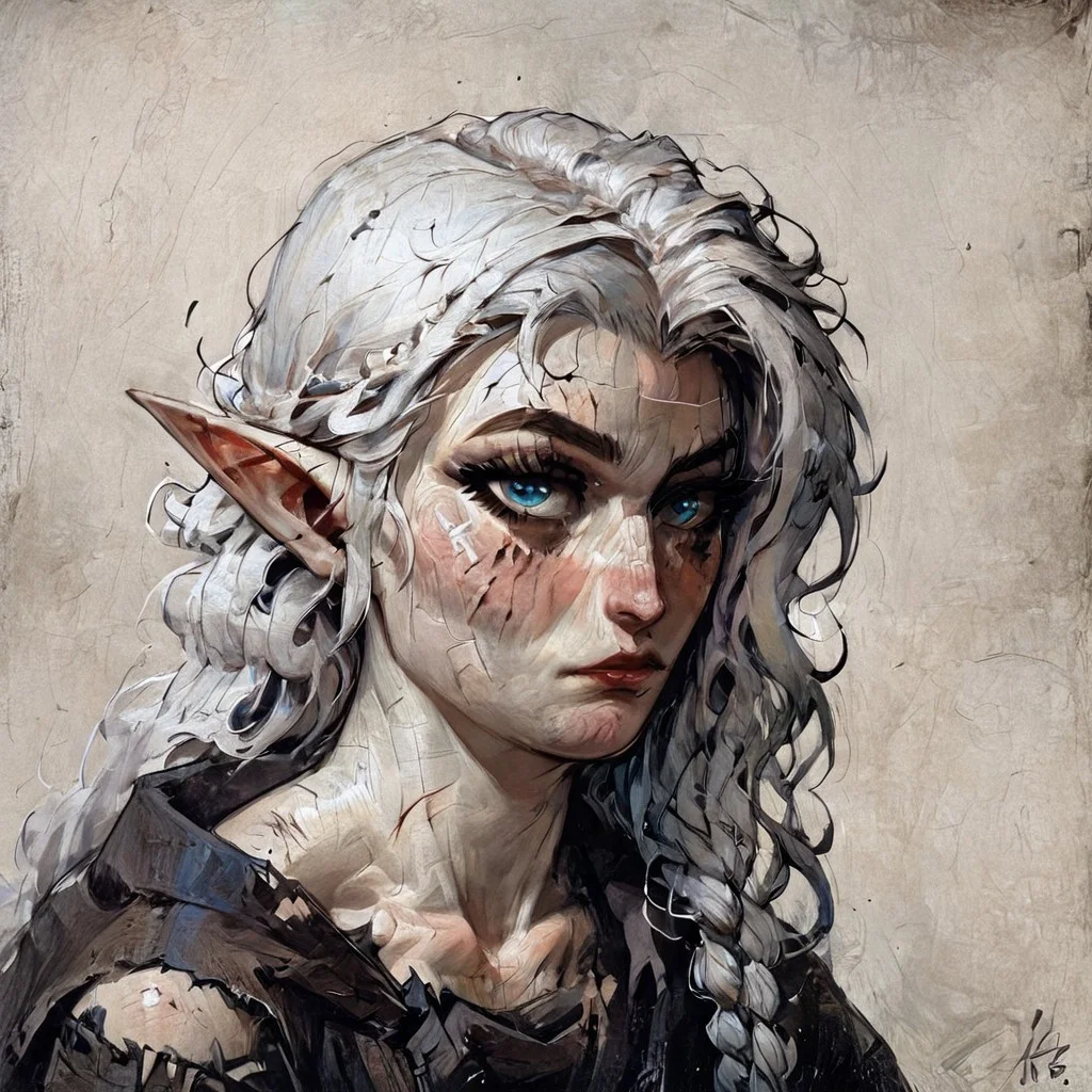 score_9, score_8_up,
score_9, score_8_up, (((white skin))), (pale skin), (alabaster skin), white hair, blue eyes, muscular, female, fit, visible abs, medium breasts, elf, linen shirt, torn linen shirt, elf ears, pointy ears, pony tail, messy hair, very pale skin, solo female, 1 female, 1 character, completly white skin, pale, white, wavy hair, adult, beautiful, seductive, clothed, masterpiece, fantasy, scar on face, scar on eye, bruised, toga, abs, visible abs, braided hair, medival cloathes, medival, robe, toga