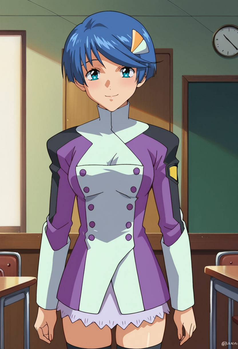 score_9,score_8_up,score_7_up,anime coloring BREAK source_anime,anime,<lora:Scheris_Adjani_s-CRY-ed_PonyXL>,scherisa,1girl,solo,blue hair,short hair,blue eyes,hair ornament,huniform,long sleeves,microskirt,thighhighs,smile,looking_at_viewer,upper_body,indoors,room,
