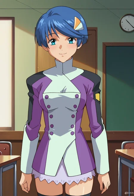 score_9,score_8_up,score_7_up,anime coloring BREAK source_anime,anime,<lora:Scheris_Adjani_s-CRY-ed_PonyXL>,scherisa,1girl,solo,blue hair,short hair,blue eyes,hair ornament,huniform,long sleeves,microskirt,thighhighs,smile,looking_at_viewer,upper_body,indoors,room,