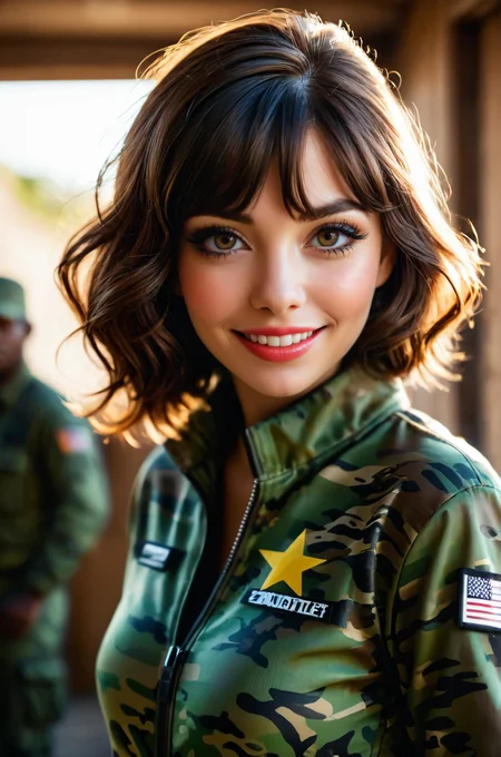 breathtaking Cinematic Shot, woman, Eyeliner, lipstick,Photo Focus, DOF, Aperture, insanely detailed and intricate, hyper realistic, super detailed,lens flare, At a War Zone,Wearing a skintight Camo Suit, smile <lora:Zoe_SDXL_1:0.75> z03c . award-winning, professional, highly detailed