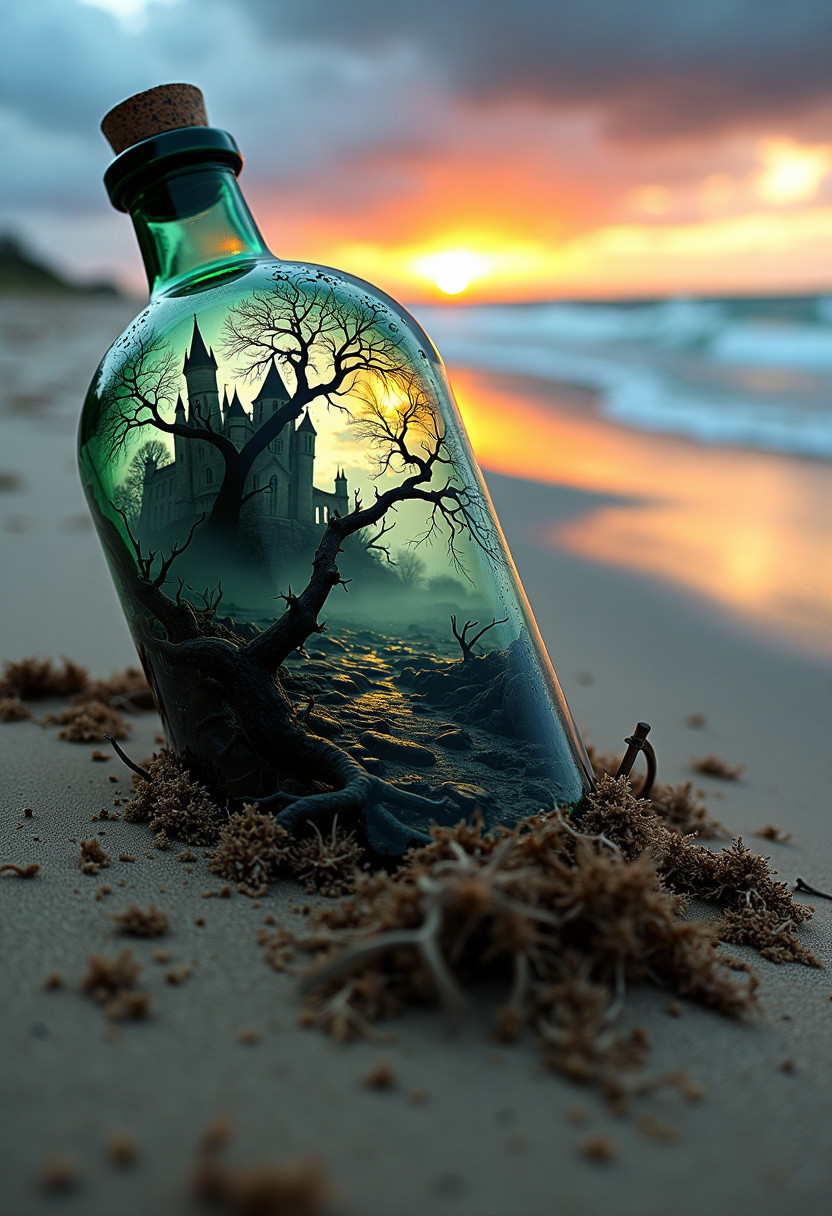 A chaotic nature scene encapsulated within a weathered glass bottle washed ashore. The bottle is lying on its side, partially buried in the sand. The interior of the bottle reveals a dark, foreboding world where twisted, gnarled trees die under a  stormy sky, their branches entwined with thorny vines. The ground is uneven, littered with sharp, jagged rocks, and the air is thick with a swirling mist. A haunting transylvanian castle looms inside at the back of the bottleThe colors are muted and ominous, dominated by deep, inky blacks, shadowy purples, and dark, moody greens. 
BREAK
The ocean beyond the bottle is beautiful, with waves crashing serenely against the shore. The sand is wet and inviting, with slight reflections of the colorful sunrise, washed out footprints in the sand add to the contrasting atmosphere. The sky is alive with vibrant colors of a perfect sunrise.
BREAK
The bottle itself is partially buried in the sand, its glass surface streaked with saltwater and tiny cracks as if it's been through countless storms. The scene inside feels trapped, a small, chaotic world within the fragile confines of the glass, contrasting the vast, gloomy beach surrounding it. The overall composition is asymmetrical, with the scene inside the bottle drawing the eye while the serene beach looms in the background.