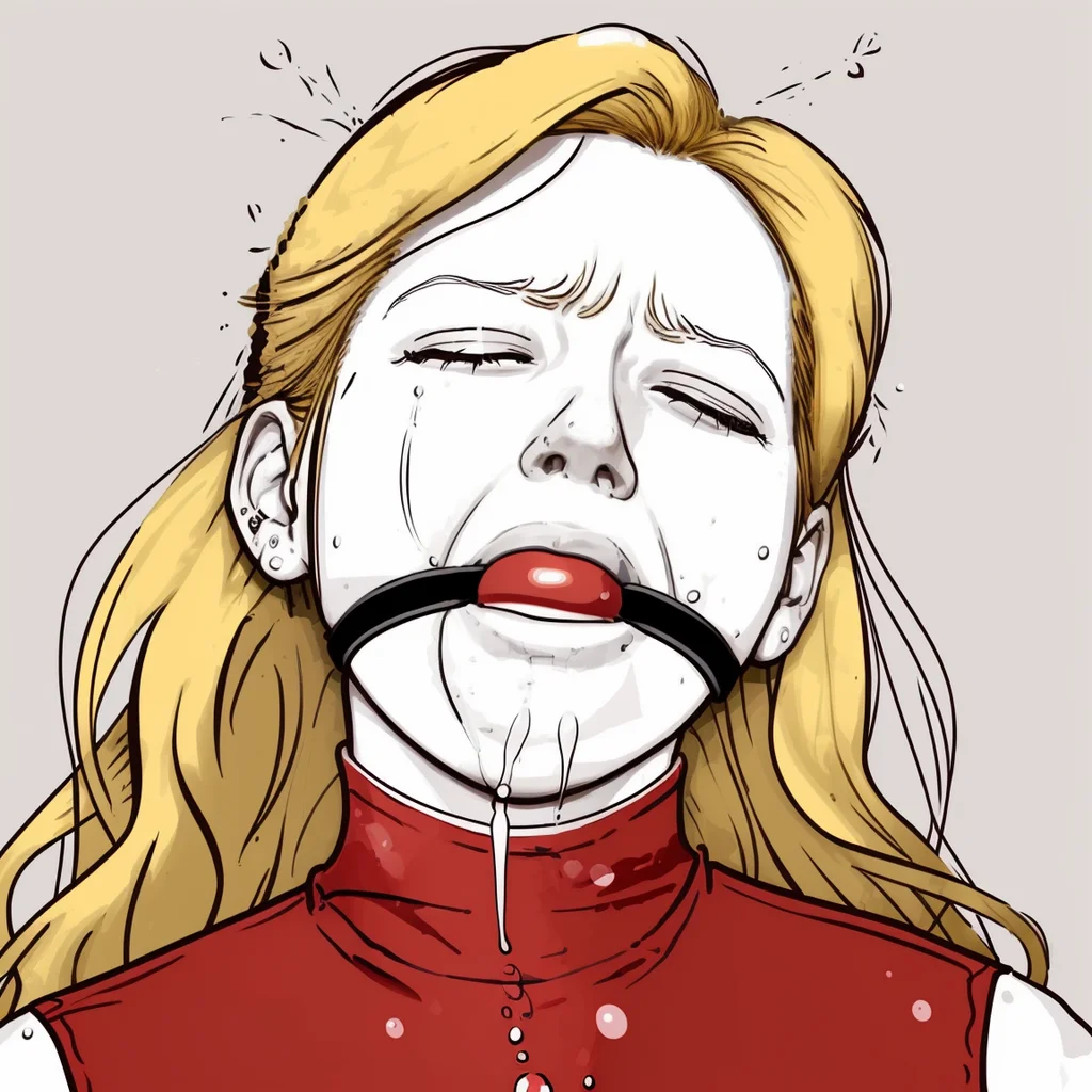 masterpiece,  beautiful woman, (red gag), (painful, aroused:1.3), saliva, portrait, ((flat color)), blonde hair, closed eyes,