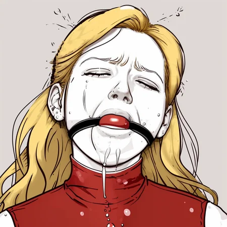 masterpiece,  beautiful woman, (red gag), (painful, aroused:1.3), saliva, portrait, ((flat color)), blonde hair, closed eyes,