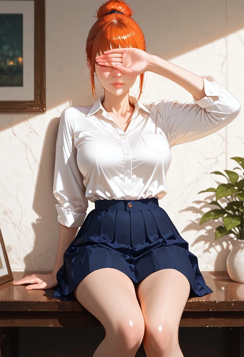 very detailed, flat color, no lineart, Vibrant Contrast, gradient colors, particle effect, (fine fabric emphasis:1.2), (((masterpiece, amazing quality, best quality, ultra-detailed, 8K, illustration, amazing quality, newest, absurdres, realistic))), highres, very aesthetic, absurd res, hi res, very awa, dynamic angle, refined, volumetric lighting, cinematic lighting, blurry background, close up vivid colors, ((source_realistic:1.6)), hyper detailed, (dynamic pose:1.4), depth of field, photorealistic colors,
1girl, wilma Flintstone, orange hair, ponytail, single hair bun, beautiful face, covering eyes, shy,
A fashionable girl seated indoors on a light wooden bench, casually posing with one hand gently touching her cheek and the other resting on the bench. She has long, straight, natural highlights, Her expression is confident and slightly pouty. She wears a fitted, cropped light-blue button-up shirt, slightly open at the collar, and a dark navy-blue pleated mini skirt. Her legs are crossed slightly at the knees. The scene is set in a minimalistic modern cafe or lounge with a soft beige cushioned background, matte white textured wall, a rustic black wooden table in the foreground, and decorative green leaves on the top right. Warm ambient lighting creates a soft glow on the wall and highlights her features. The image feels like a candid moment from a fashion or lifestyle Instagram post, capturing relaxed elegance and youthful confidence.