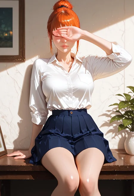 very detailed, flat color, no lineart, Vibrant Contrast, gradient colors, particle effect, (fine fabric emphasis:1.2), (((masterpiece, amazing quality, best quality, ultra-detailed, 8K, illustration, amazing quality, newest, absurdres, realistic))), highres, very aesthetic, absurd res, hi res, very awa, dynamic angle, refined, volumetric lighting, cinematic lighting, blurry background, close up vivid colors, ((source_realistic:1.6)), hyper detailed, (dynamic pose:1.4), depth of field, photorealistic colors,
1girl, wilma Flintstone, orange hair, ponytail, single hair bun, beautiful face, covering eyes, shy,
A fashionable girl seated indoors on a light wooden bench, casually posing with one hand gently touching her cheek and the other resting on the bench. She has long, straight, natural highlights, Her expression is confident and slightly pouty. She wears a fitted, cropped light-blue button-up shirt, slightly open at the collar, and a dark navy-blue pleated mini skirt. Her legs are crossed slightly at the knees. The scene is set in a minimalistic modern cafe or lounge with a soft beige cushioned background, matte white textured wall, a rustic black wooden table in the foreground, and decorative green leaves on the top right. Warm ambient lighting creates a soft glow on the wall and highlights her features. The image feels like a candid moment from a fashion or lifestyle Instagram post, capturing relaxed elegance and youthful confidence.