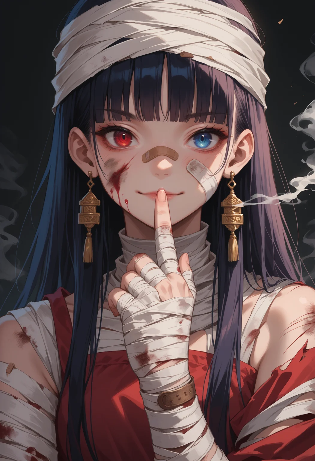 score_9, score_8_up, score_7_up, source_anime,
1girl, solo, long hair, looking at viewer, blue eyes, black hair, red eyes, closed mouth, jewelry, upper body, earrings, hand up, blunt bangs, blood, heterochromia, bandages, black background, bandaid, index finger raised, finger to mouth, smoke, bandaged arm, injury, bandaid on face, shushing, bandaged hand, bandaged head, bandaged neck, bandaged fingers, smirk, smile,