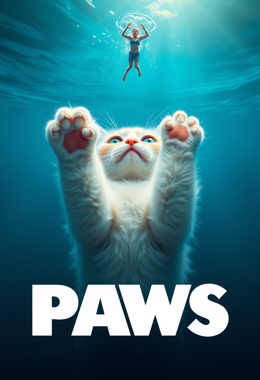 "Hyper-realistic parody movie poster in the style of the classic film JAWS, but with a adorable twist. Deep beneath the surface of the ocean, a massive kitten is depicted reaching up towards a tiny swimmer with its enormous paws, as if about to give them a playful swat. The kitten's fur is a fluffy white, and its eyes are a bright, sparkling blue. The swimmer is oblivious to the kitten's presence, floating serenely on the surface far above. The ocean is a deep blue, with sunlight filtering down from above and casting a warm glow on the kitten's fur. In the foreground, the title "PAWS" is emblazoned in bold, playful letters, with each letter made up of a cat's paw print. The background is a vast, endless expanse of ocean, with no land in sight. Style: extremely detailed, hyper-realistic, and humorously adorable, with a focus on capturing the playful, lighthearted atmosphere of a parody poster."
