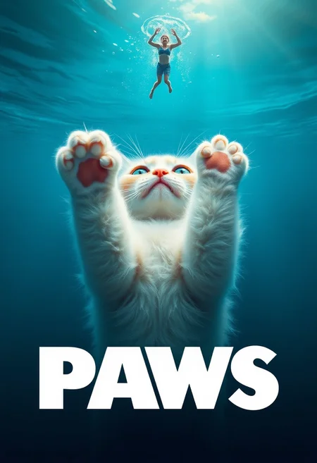 "Hyper-realistic parody movie poster in the style of the classic film JAWS, but with a adorable twist. Deep beneath the surface of the ocean, a massive kitten is depicted reaching up towards a tiny swimmer with its enormous paws, as if about to give them a playful swat. The kitten's fur is a fluffy white, and its eyes are a bright, sparkling blue. The swimmer is oblivious to the kitten's presence, floating serenely on the surface far above. The ocean is a deep blue, with sunlight filtering down from above and casting a warm glow on the kitten's fur. In the foreground, the title "PAWS" is emblazoned in bold, playful letters, with each letter made up of a cat's paw print. The background is a vast, endless expanse of ocean, with no land in sight. Style: extremely detailed, hyper-realistic, and humorously adorable, with a focus on capturing the playful, lighthearted atmosphere of a parody poster."