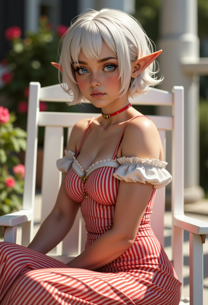 full body view, Hyperrealistic, she is smiling, dynamic angles, multiple angles,  she is looking at the camera, photoshoot poses; a photo of Alyssa_Elf, a white haired, blue eyed woman,elf ears, a woman wearing vintage 1950's era verticle striped red and white dress,She is wearing a white off-the-shoulder blouse with ruffled sleeves and busty breasts. She is sitting in a white deck chair on a front beautiful front porch decorated with flowers,  creating a focused and dynamic pose.; the scene is set in a beautiful well-lit environment, with a sense of action and adventure.  Style: realistic hyper-detailed rendering, 32k UHD, expressive eyes, punk, graphic design, girl's face, pretty and cute, gleaming lips, telling a tale of adventure. Exuding confidence and serenity. The overall mood of the image is happy and relaxed, detailed skin texture,(blush:0.2),(goosebumps:0.3), subsurface scattering,with a playful and whimsical tone,perfect hand, hand, detailed hand,aidmafluxpro1.1,retro50s_style,