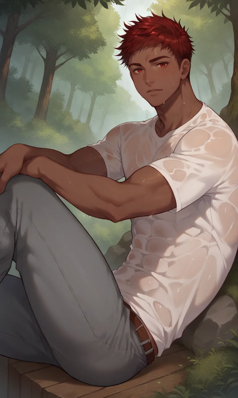 score_9, score_8_up, score_7_up, masterpiece, best quality, lots of details, close-up, angle view, side view, ((1boy)), male focus, Darius, red eyes, solo, dark-skinned male, white t-shirt, sitting on rock, grey pants, shaded, wet clothes, detailed shading, detailed skin, shaded skin, realistic shading, looking at viewer, Expressiveh, countershading:1.1, forest, tree, heavy rain, storm weather, outdoors, <lora:add-detail-xl:0.7>, <lora:Smooth Anime 2 Style SDXL_LoRA_Pony Diffusion V6 XL:0.8>, <lora:Expressive_H:0.8>, <lora:Darius_XL_V10:0.9>