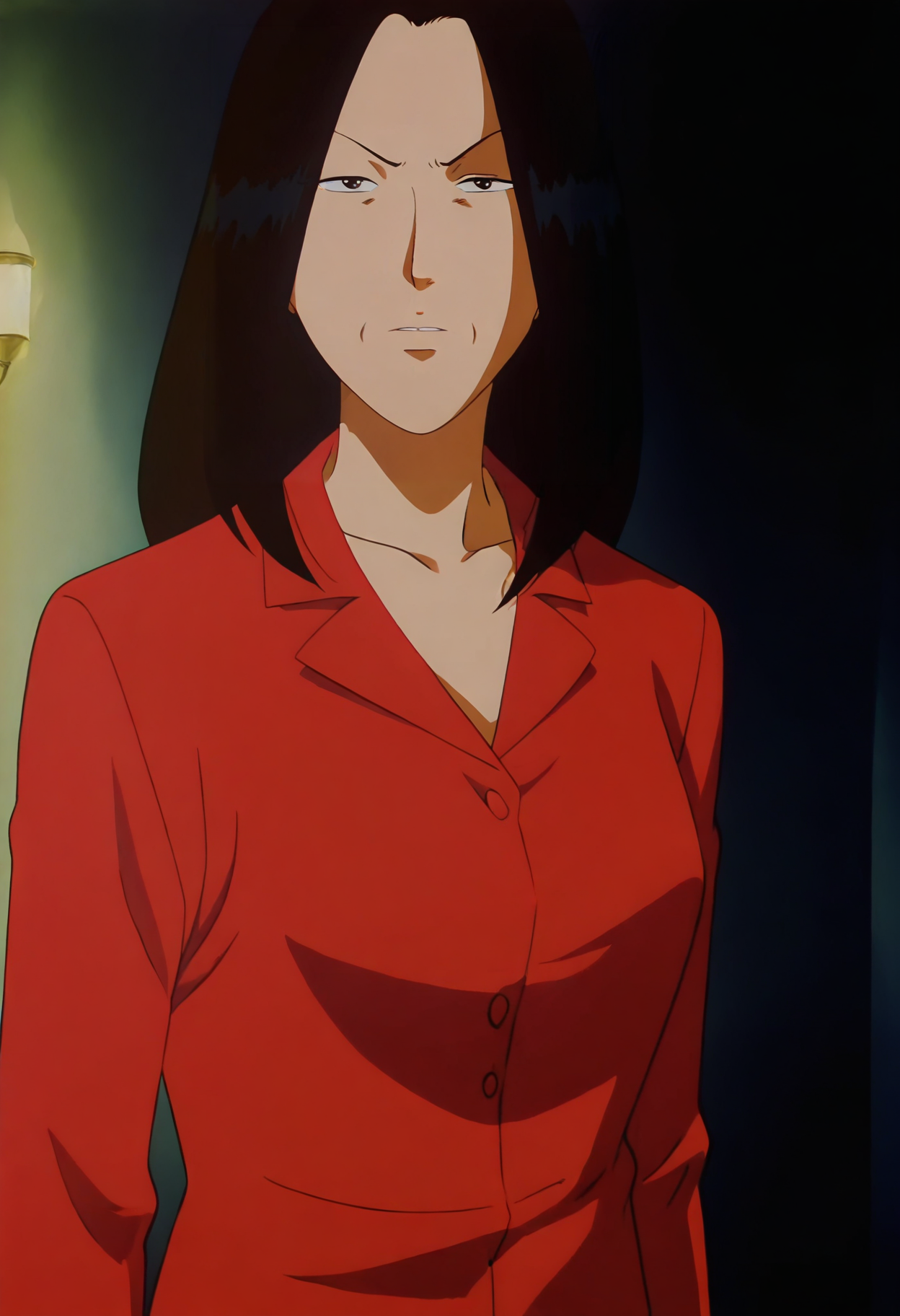 anime screencap,anime coloring,masterpiece,best quality,absurdres,amazing quality,
<lora:Tae-IL V1:1>,Tae,1girl,mature female,black hair,long hair,solo,black eyes,looking at viewer,red shirt,arms at sides,light,front view,