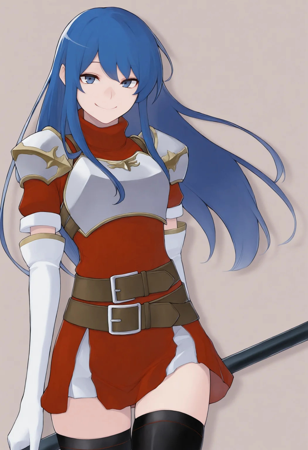 masterpiece, best quality, solo, 1girl, smile, looking at viewer, <lora:Yasuda-Suzuhito-illus_Fp:1>, simple background, <lora:caeda-fe-richy-v1_ixl:1>, caedadef, blue eyes, blue hair, long hair, bangs, turtleneck, red shirt, shoulder armor, pauldrons, breastplate, multiple belts, brown belt, white gloves, elbow gloves, red skirt, black thighhighs, holding polearm,