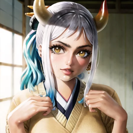 best quality, (masterpiece:1.4), ((ultra-detailed)), (photorealistic skin), yamato_5500 (beautiful detailed face), (perfect illustration), messy shiny hair, realistic lighting, sunbeams, glow, soft thick lips, bright reflective lighting, (detailed shadows), photorealistic, sharp eyes, blush, long eyelashes, shiny sweaty skin, solo, 1girl, cowboy_shot, portrait,(wearing a blu sweater and a yellow skirt:1.3),