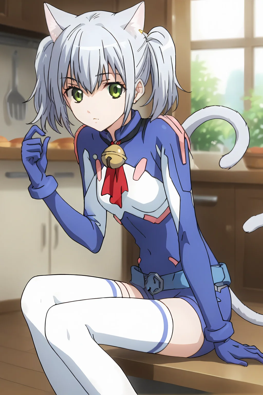 (blue bodysuit belt gloves white thighhighs:1.50), cpc-chaika, short hair, short twintails, bangs, sidelocks, grey hair, hair between eyes, green eyes, cat ears, cat tail, neck bell,
1girl, solo, skinny, (source_anime, score_9, score_8_up, score_8, score_7_up), score_7, score_6_up, score_6, score_5_up, score_5,
(:1.30),
(kitchen:1.30),
(straight-on:1.20), (:1.20),
small breasts
<lora:cpc-chaika-V01-000004:0.90>