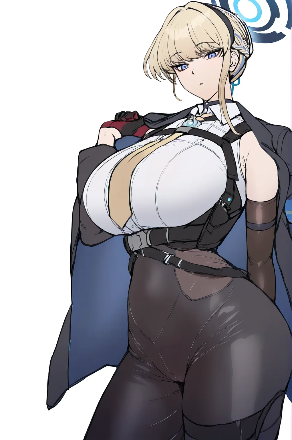 masterpiece,best quality,curvy,mature female,
1girl,toki (blue archive),white background,gloves,breasts,black jacket,black pants,jacket,looking at viewer,shirt,necktie,yellow necktie,black gloves,white shirt,<lora:kumakichi:1>,kumakichi_style,breasts,<lora:Evelyn_zzz:1>,evelyn_zzz:0.5,
