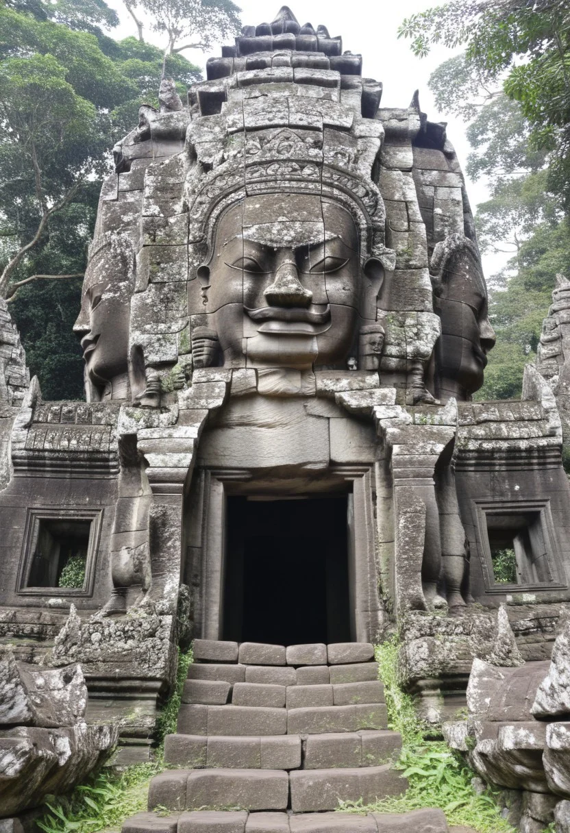 high quality, high resolution, extremely detailed,  Angkol, ruins, outdoors, overgrowth, stone head, statue, no humans, door, stone steps, from below, scenery,