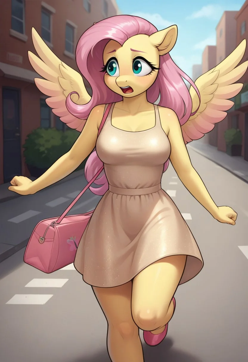 score_9, score_8_up, score_7_up, score_6_up, realistic illustration, dramatic angle, street, outdoors, close view, 1girl, solo, fluttershy, (anthro pony), 18 yo, tail, wings, petite body, shiny skin, medium breasts, (beige dress), knee length dress, pink bag over shoulder, dynamic pose, dramatic angle, running, shocked face, looking away