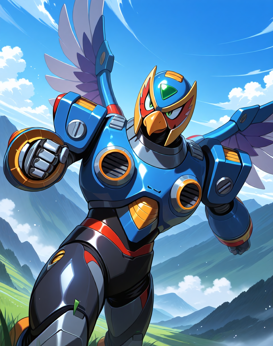 <lora:Storm_Eagle_(Mega_Man_X)_(Illustrious)_(AD):1> Storm Eagle, reploid, MMX, 
exterior, blue sky with clouds, mountain valley, grassy valley, 
dutch angle, dynamic action, cowboy shot, side view, 
male focus, intense shadows, dynamic shadows, intricate details, attention to details, gradient coloring, robot, beak, handsome, dashing, smile, bright vivid colors, deep metallic colors, glossy metal body, 
BREAK very awa, masterpiece, best quality, amazing quality, very aesthetic, highres, absurdres, 
EZRealPONYXL, zPDXL, Smooth Quality, lazynsfw,