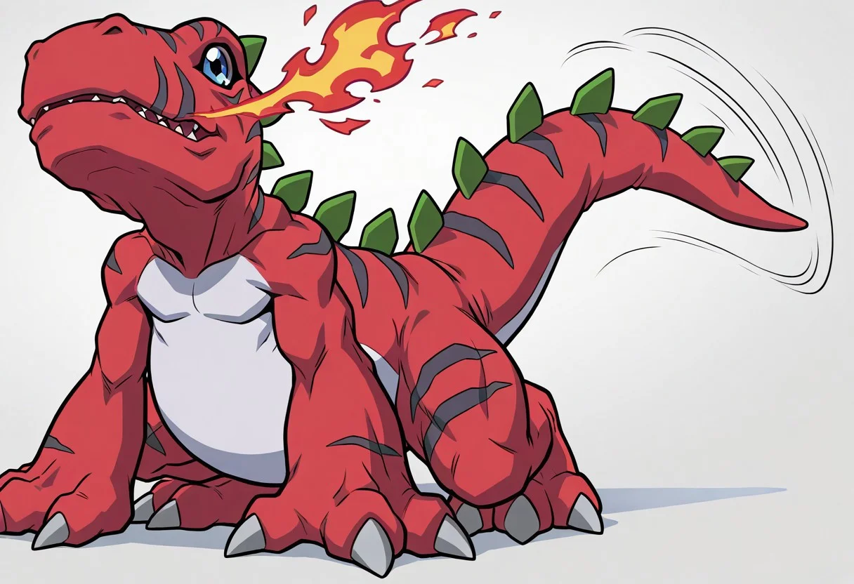 masterpiece,best quality,amazing quality, ultra high detail, good anatomy, perfect anatomy, anatomically correct hands, ultra detailed face, solo, handsome, male only, Tyrannomon, Tyranomon, red body on tyrannomon, Digimon, Digital, Monster, red body, green spines, blue eyes, white belly on just tyrannomon, feral, buff, male only, tail in view, wagging tail, grinning, breathing fire, showing dominance