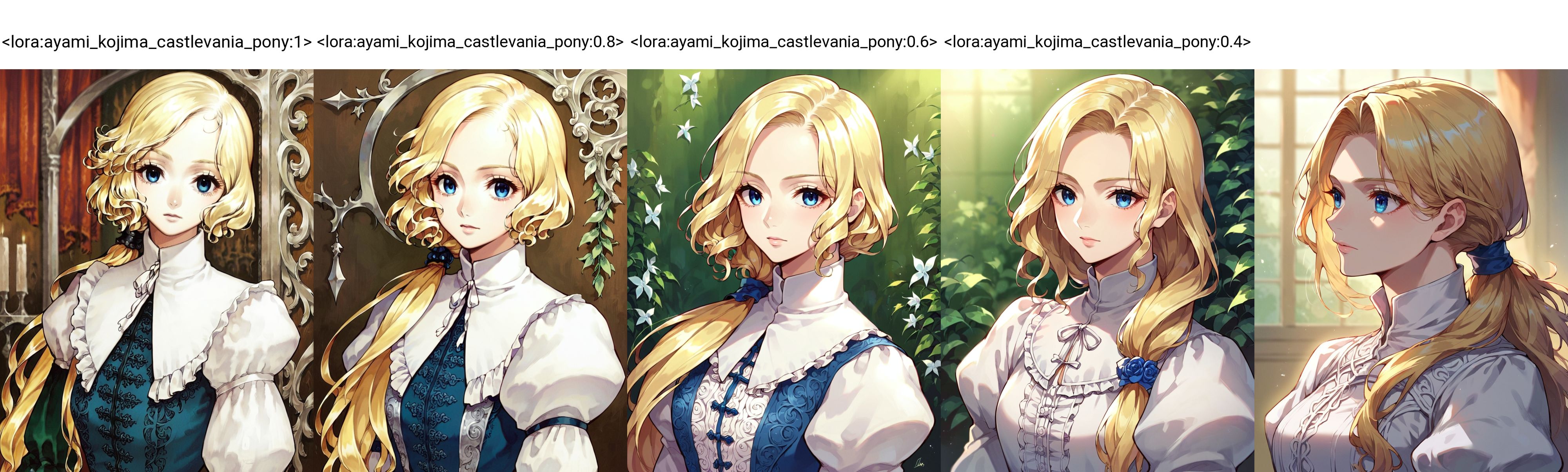 score_9, score_8_up, score_7_up, score_6_up, source anime,
kojima ayami, castlevania, 1girl, maria renard, blonde hair, blue eyes, portrait, upper body, long hair, low-tied long hair, low ponytail, long sleeves, detailed illustration, puffy long sleeves, white puffy sleeves
<lora:ayami_kojima_castlevania_pony:1>