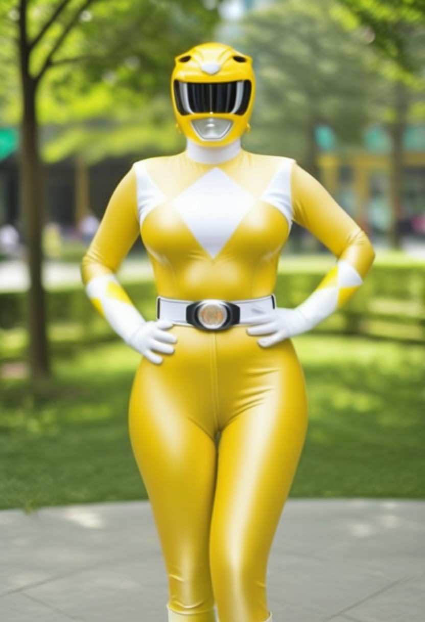 female yellow-power-ranger, alone, morphed, helmet, morphed, helmet, yellow catsuit, white gloves belt boots holster, standing square-on, in urban park, arms down by sides, full body photo, very-large-breasts, enormous-breasts, hyperdetailed photography