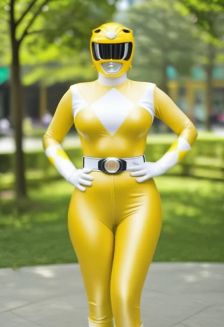 female yellow-power-ranger, alone, morphed, helmet, morphed, helmet, yellow catsuit, white gloves belt boots holster, standing square-on, in urban park, arms down by sides, full body photo, very-large-breasts, enormous-breasts, hyperdetailed photography