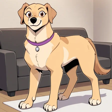 Lola(P.B.), Solo, 1girl, feral, dog, Labrador retriever, yellow fur, brown eyes, black nose, dog tail, dog ears, purple collar, looking at viewer, full body, smiling, standing, living room background