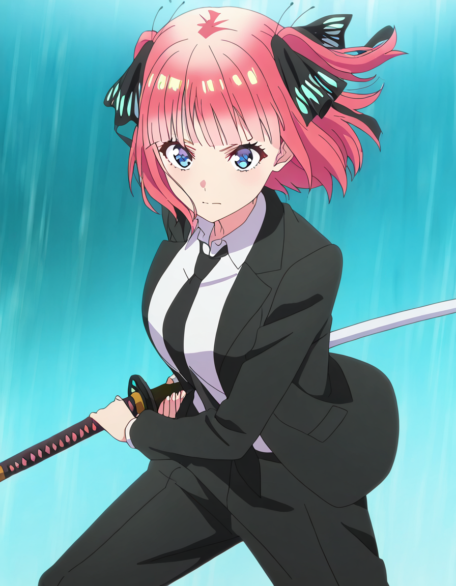 masterpiece, best quality, newest, absurdres, highres, safe,, <lora:nnakano-s2-ponyxl-lora-nochekaiser:1>, short hair, bangs, blue eyes, hair ornament, hair ribbon, pink hair, blunt bangs, two side up, butterfly hair ornament, large breasts, anime screencap,, <lora:battoujutsu-stance-illustriousxl-lora-nochekaiser:1>, battoujutsu stance, looking at viewer, holding, weapon, sword, holding weapon, holding sword, standing, katana, sheath, sheathed, fighting stance, ready to draw, shirt, long sleeves, jacket, white shirt, necktie, collared shirt, pants, black jacket, floating hair, black pants, formal, suit, black necktie, black suit, pant suit,, ,