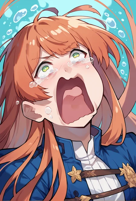 score_9, score_8_up, score_7_up, springmisc, 1girl, green eyes, auburn hair, <lora:springfield-pdxl:0.9>, very long hair, , bangs, blue coat, aquascreaming, screaming, open mouth, crying with eyes open <lora:concept_aquascreaming_ponyXL:1>, upper body