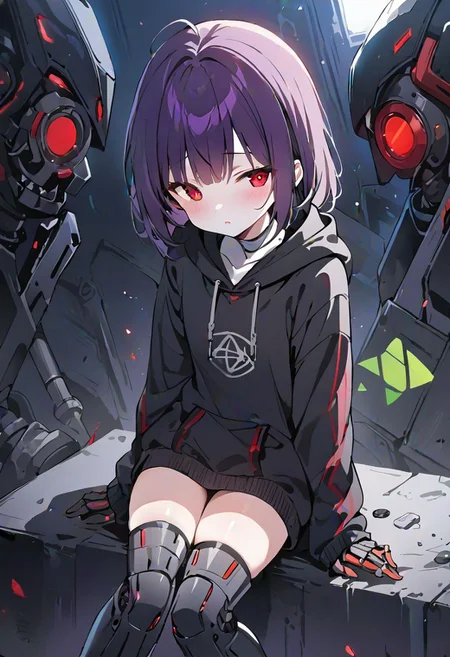 girl, chara, red eyes , dark brown short hair, ((masterpiece)), ((high quality)),best quality, (extremely detailed CG:1.2), Highres, 4K, 8K,big black hoodies, red pentagram on hoodie, black socks, android, robot, joints, mechanical_arms, mechanical legs, purple hair, hollow eyes, red pixel eyes