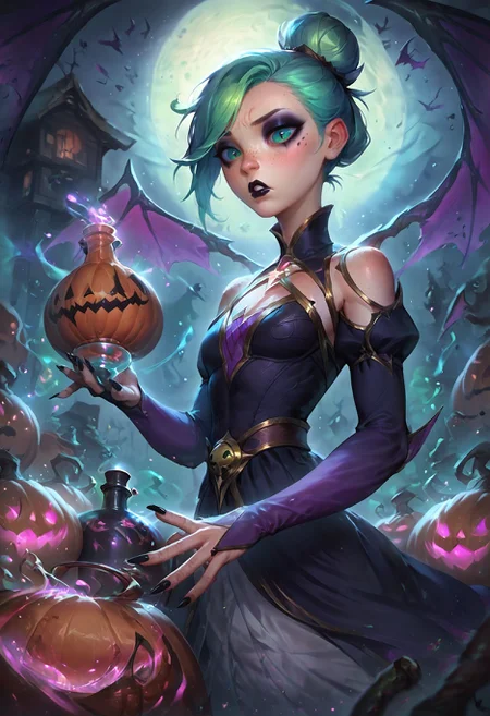 score_9, score_8_up, score_7_up, score_6_up, score_5_up, score_4_up, 1girl, solo, symmetry, potion, pumpkin cauldron, brewing, wings, green hair, glowing, green eyes, eyeshadow, hair bun, asymmetrical bangs, longlashes, high-neck dress, long sleeves, sleepy eyes, black lipstick, parted lips, explosive hair, highly detailed, best quality, freckles, golden details, house background, sfw, rating_safe, long nails, black nails, veil, see through, gloves,  <lora:ArtStyle_Bewitching_Fantasy:0.8> b3w1tch, <lora:MythP0rtr4itStyle:0.5> mythp0rt