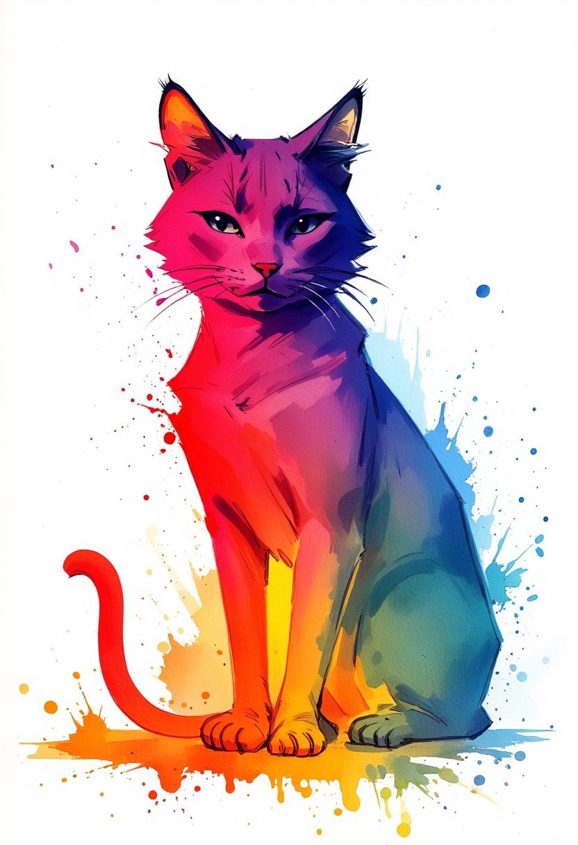 Watercolor painting of a neon paintsplash in the shape of a cat. Intense colors.