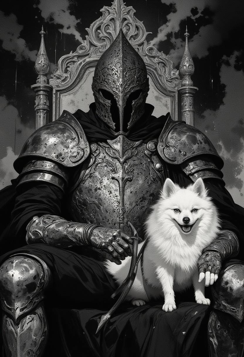 score_9, score_8_up, score_7_up dark theme, Albert Bierstadt style, Gothic-inspired, digital painting, Knight Templar, close-up, seated regally, intricate throne, finely crafted plate armor, etched patterns, swirling vines, sacred crosses, chest plate, shoulder guards, great helm, enigmatic authority, flowing black robe, textured folds, cold polished steel, pure white Pomeranian, silky fur, luminous softness, monochromatic scene, Gothic throne design, carved arches, angular spires, skull motifs, abstract smoky textures, black and gray, shadowy atmospheric depth, light and shadow interplay, knight’s armor, surreal juxtaposition, strength and tenderness, haunting elegance, monochromatic sketch style, power, loyalty, solemnity, medieval tone, contrasting color, visual depth, surrealism, quiet majesty, regal contrast, dynamic light play, ethereal realism.