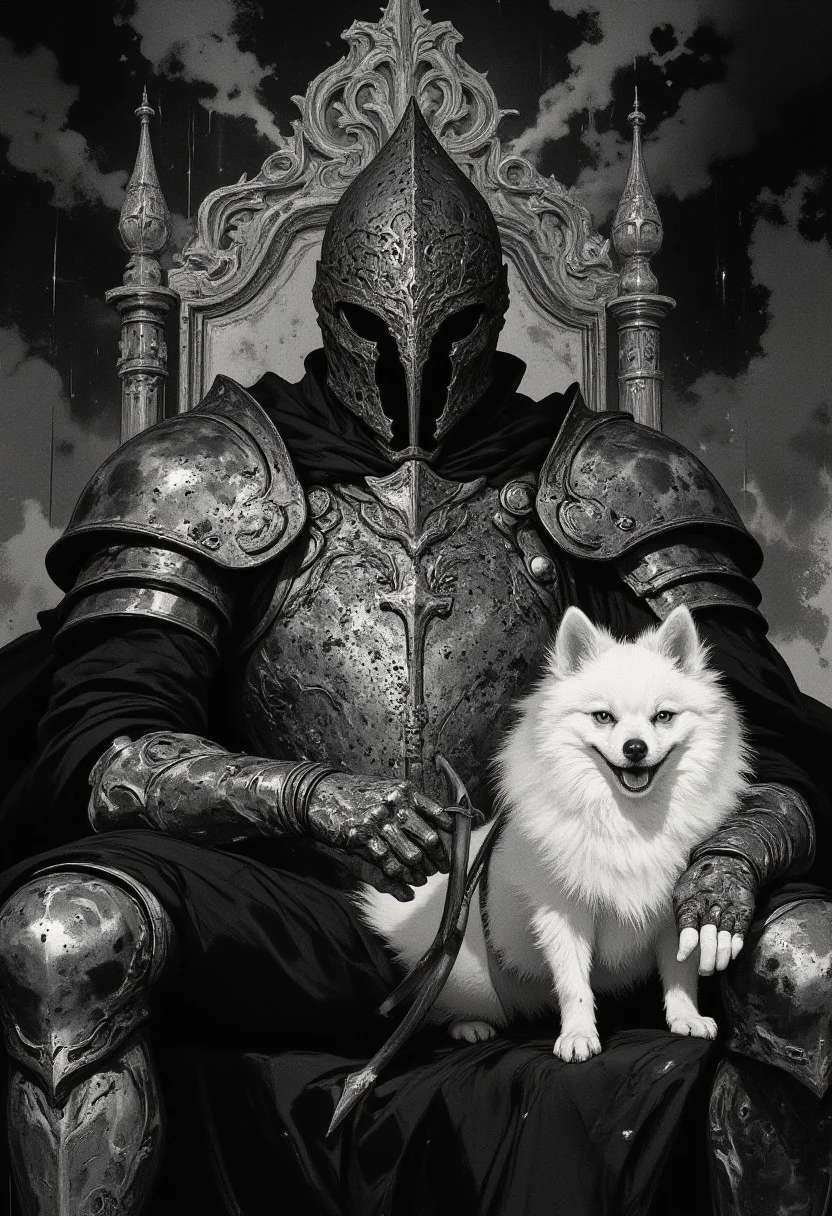 score_9, score_8_up, score_7_up dark theme, Albert Bierstadt style, Gothic-inspired, digital painting, Knight Templar, close-up, seated regally, intricate throne, finely crafted plate armor, etched patterns, swirling vines, sacred crosses, chest plate, shoulder guards, great helm, enigmatic authority, flowing black robe, textured folds, cold polished steel, pure white Pomeranian, silky fur, luminous softness, monochromatic scene, Gothic throne design, carved arches, angular spires, skull motifs, abstract smoky textures, black and gray, shadowy atmospheric depth, light and shadow interplay, knight’s armor, surreal juxtaposition, strength and tenderness, haunting elegance, monochromatic sketch style, power, loyalty, solemnity, medieval tone, contrasting color, visual depth, surrealism, quiet majesty, regal contrast, dynamic light play, ethereal realism.