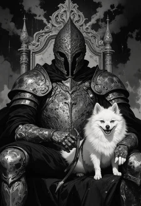 score_9, score_8_up, score_7_up dark theme, Albert Bierstadt style, Gothic-inspired, digital painting, Knight Templar, close-up, seated regally, intricate throne, finely crafted plate armor, etched patterns, swirling vines, sacred crosses, chest plate, shoulder guards, great helm, enigmatic authority, flowing black robe, textured folds, cold polished steel, pure white Pomeranian, silky fur, luminous softness, monochromatic scene, Gothic throne design, carved arches, angular spires, skull motifs, abstract smoky textures, black and gray, shadowy atmospheric depth, light and shadow interplay, knight’s armor, surreal juxtaposition, strength and tenderness, haunting elegance, monochromatic sketch style, power, loyalty, solemnity, medieval tone, contrasting color, visual depth, surrealism, quiet majesty, regal contrast, dynamic light play, ethereal realism.